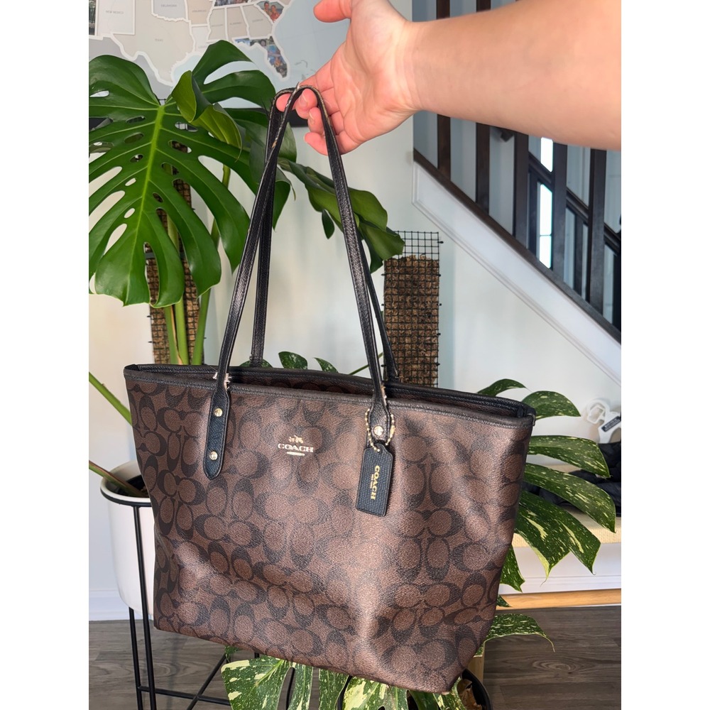 Coach City Tote Bag Signature Canvas Brown Black F36876